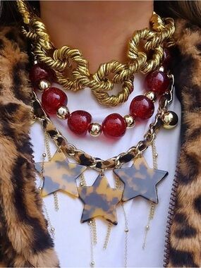 Gold & Burgundy Statement Layered Necklace with Tortoiseshell Stars